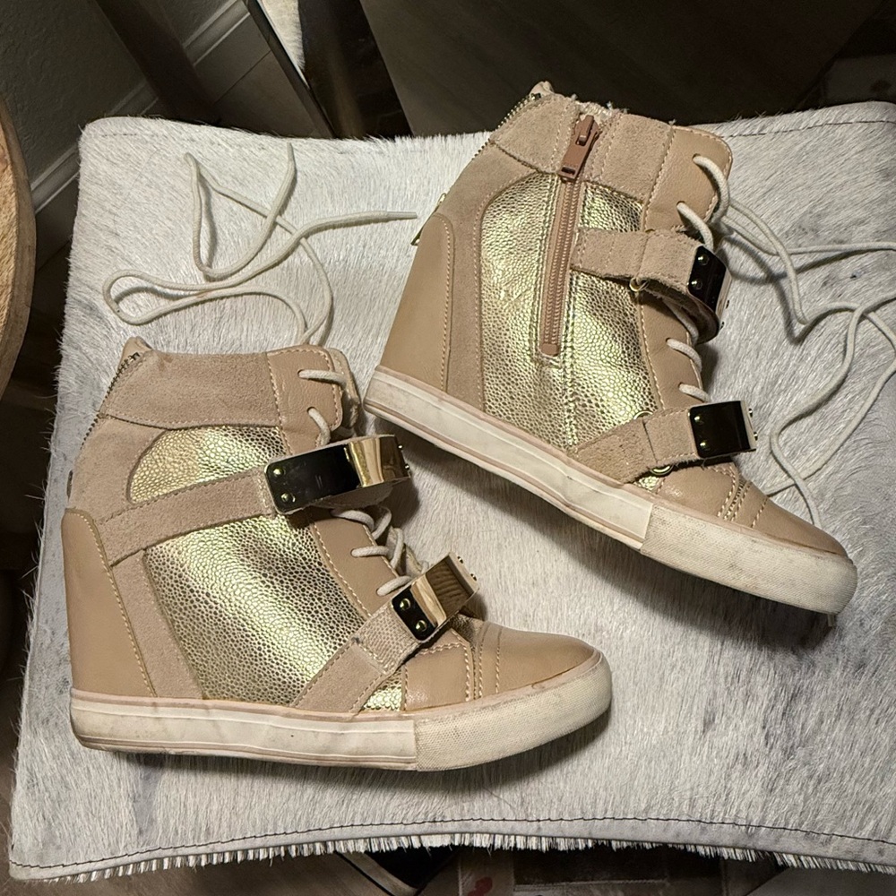 ALDO Gold and Tan Women's Wedge Sneakers 8
